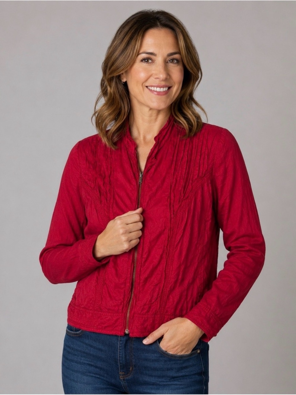 Women's Full Zip Red Jacket Ruffle Neck Business Casual Size M